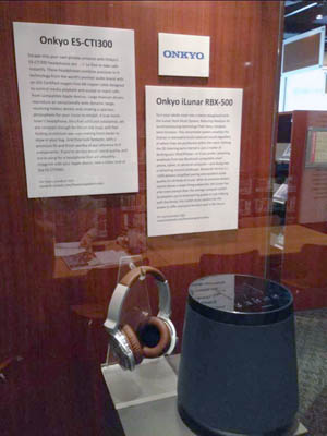 Onkyo ES-CTI300 headphones and Onkyo iLunar RBX-500 speaker display booth up-close